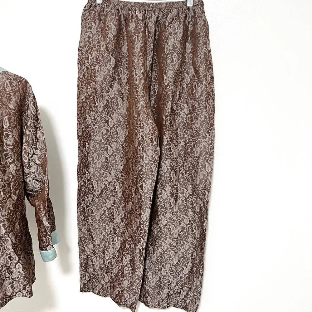 Vintage Chandler Ladies 2 Piece Pajama Set XL L Paisley Damask Cocoa Brown Aqua